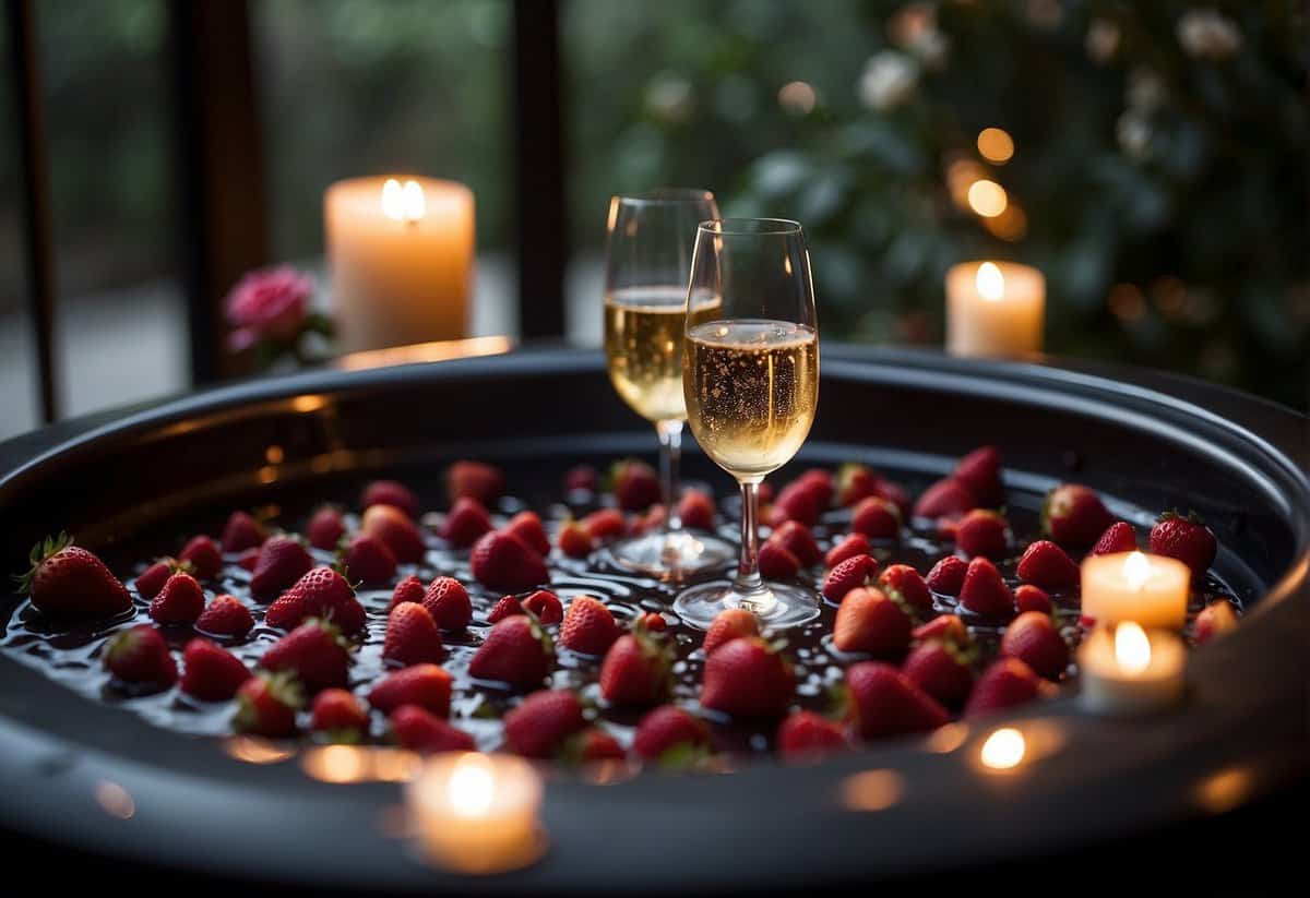 A couple lounges in a private hot tub surrounded by candles and rose petals, with champagne and chocolate-covered strawberries nearby
