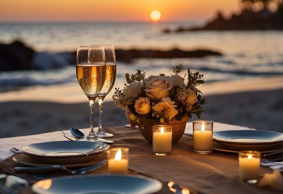 A romantic dinner set up on a beach at sunset with a table adorned with candles, flowers, and champagne. A couple strolls hand in hand along the shore