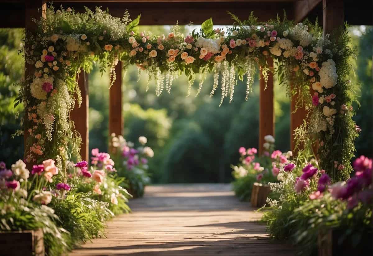 A colorful array of flowers and greenery woven together in a long, flowing garland, draped elegantly across a rustic wooden archway
