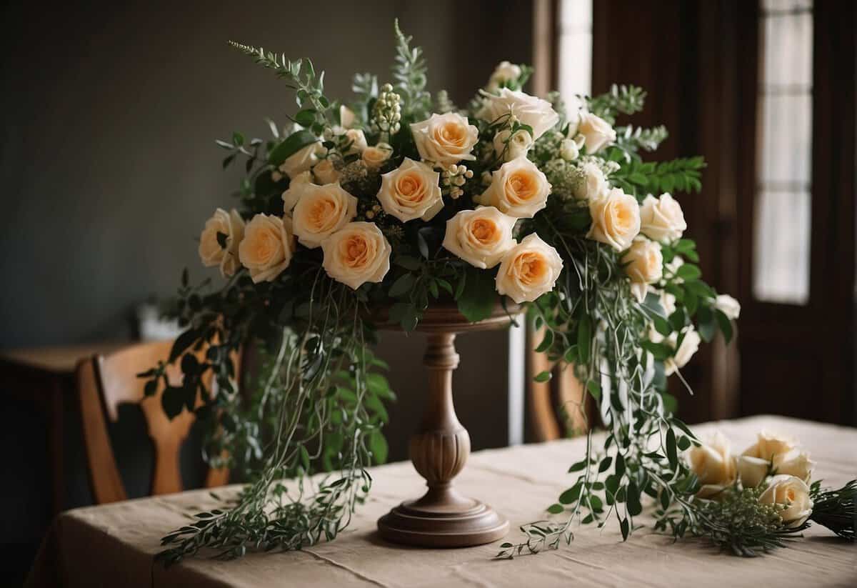 A table adorned with fresh flowers, greenery, and ribbons. Scissors, wire, and twine scattered around. A finished garland draped elegantly on a stand