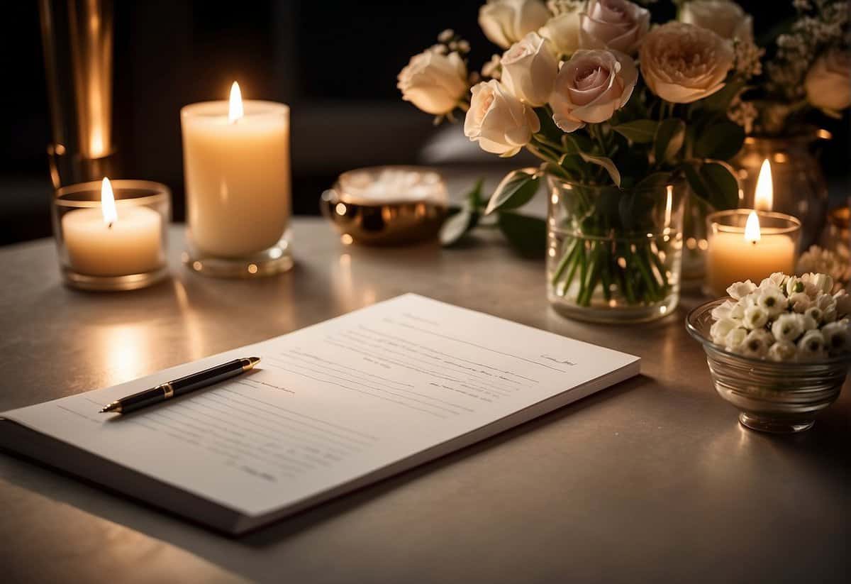A table set with elegant stationery, a pen poised on a blank page, surrounded by soft candlelight and delicate floral arrangements