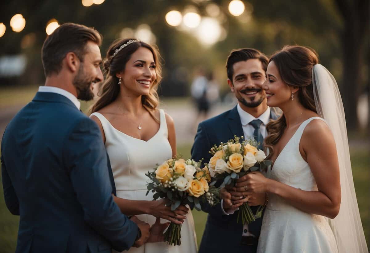Real couples and experts share wedding vow ideas for her. A group of people discussing and exchanging heartfelt words, with a sense of warmth and connection in the air