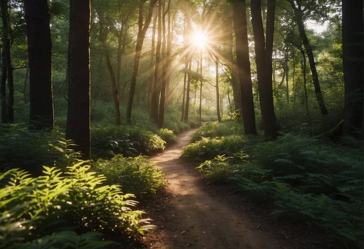 A winding path leads through a lush forest, symbolizing the journey ahead. A beam of sunlight breaks through the trees, illuminating the way forward