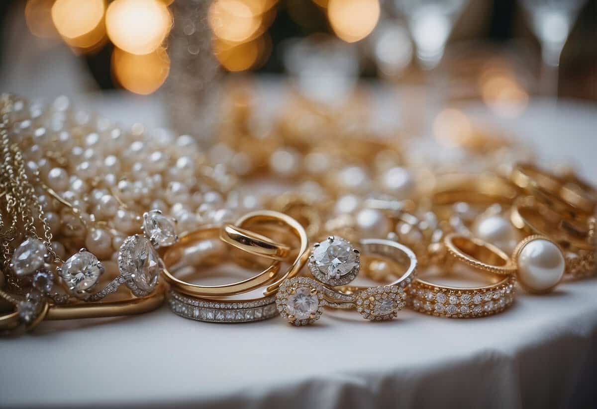 A table adorned with sparkling earrings, delicate necklaces, and shimmering bracelets. A display of elegant jewelry for wedding guests