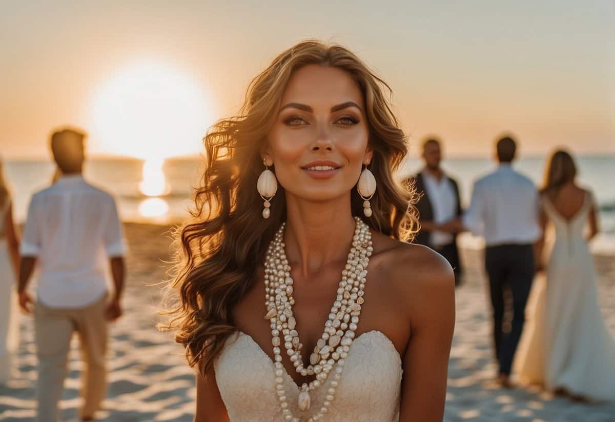 A beach wedding with guests wearing seashell necklaces and pearl earrings, set against a sunset backdrop