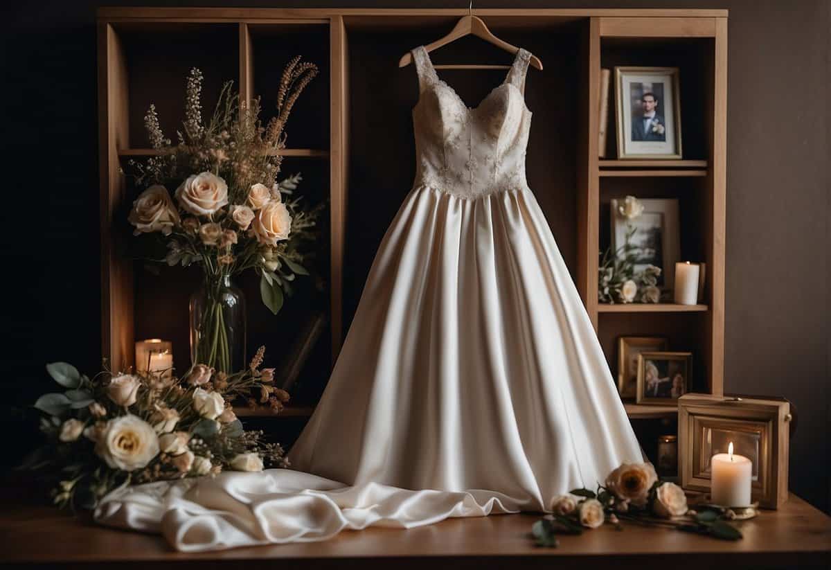A wedding dress hanging in a shadow box, surrounded by dried flowers and other mementos from the special day