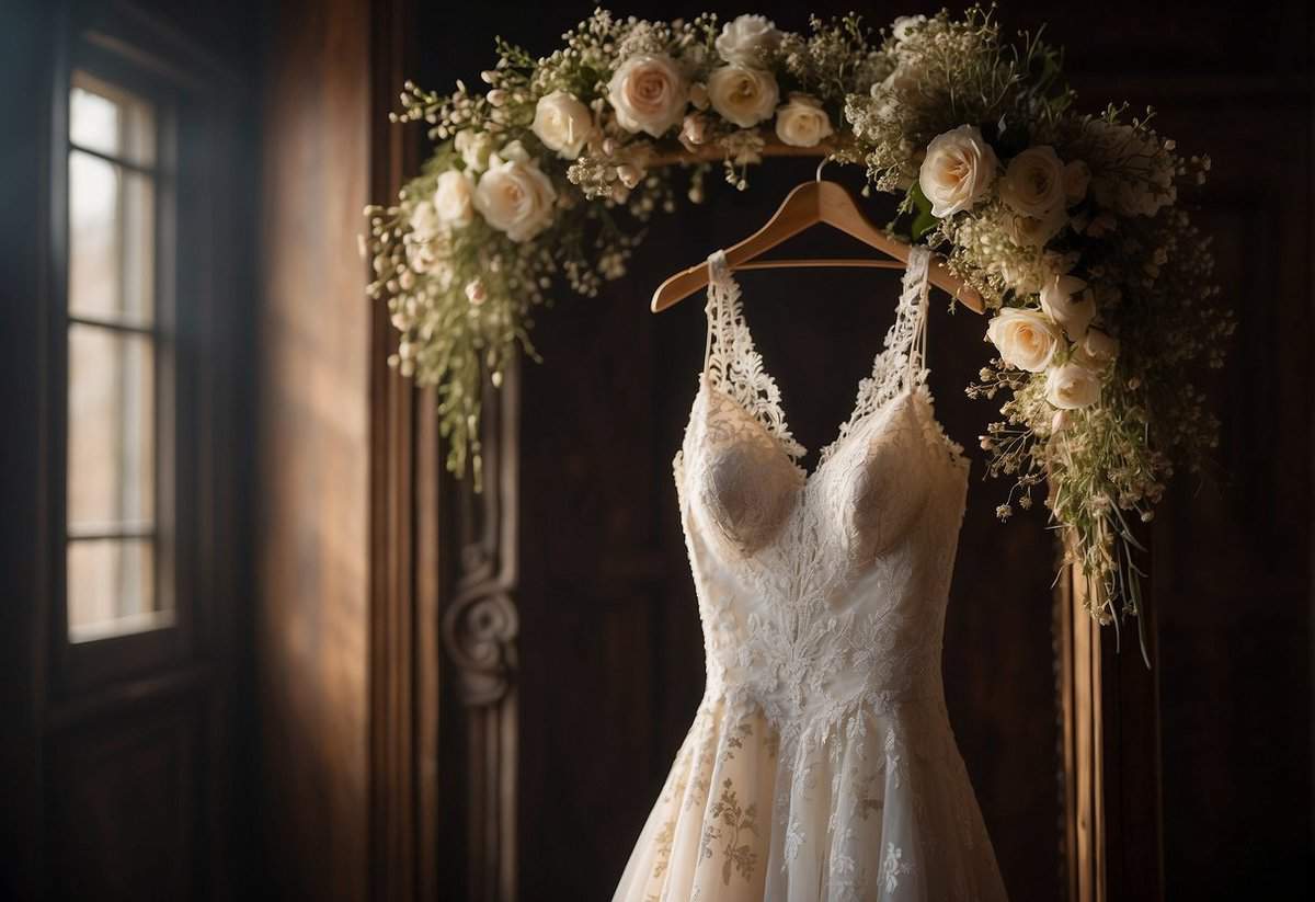 A wedding dress is delicately draped over a vintage wooden hanger, surrounded by dried flowers and lace. A soft spotlight illuminates the gown, emphasizing its significance as a cherished keepsake