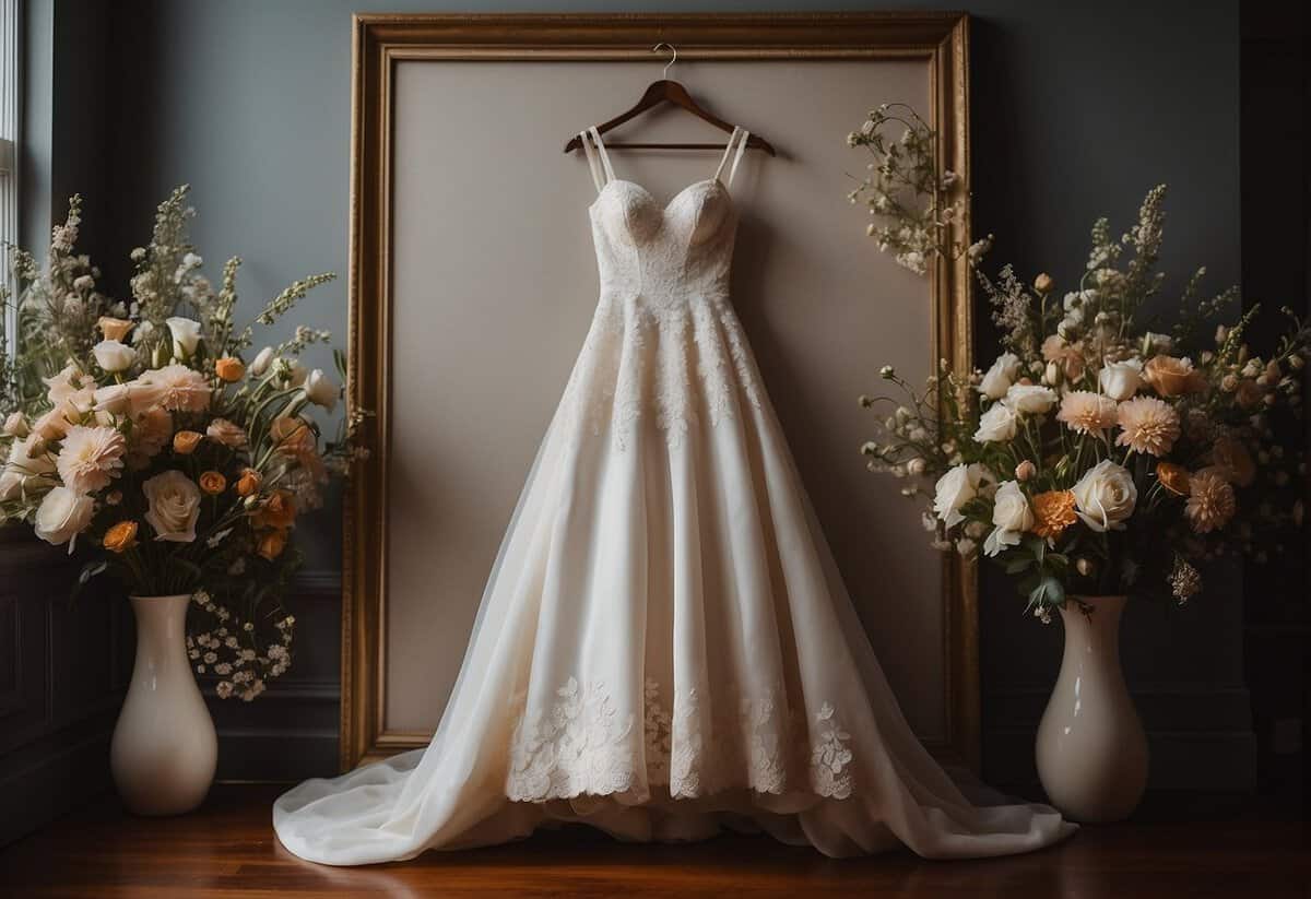 A wedding dress hung on a personalized hanger, surrounded by pressed flowers and framed wedding photos. A shadow box displays the dress's intricate details, while a custom embroidery hoop showcases the couple's initials