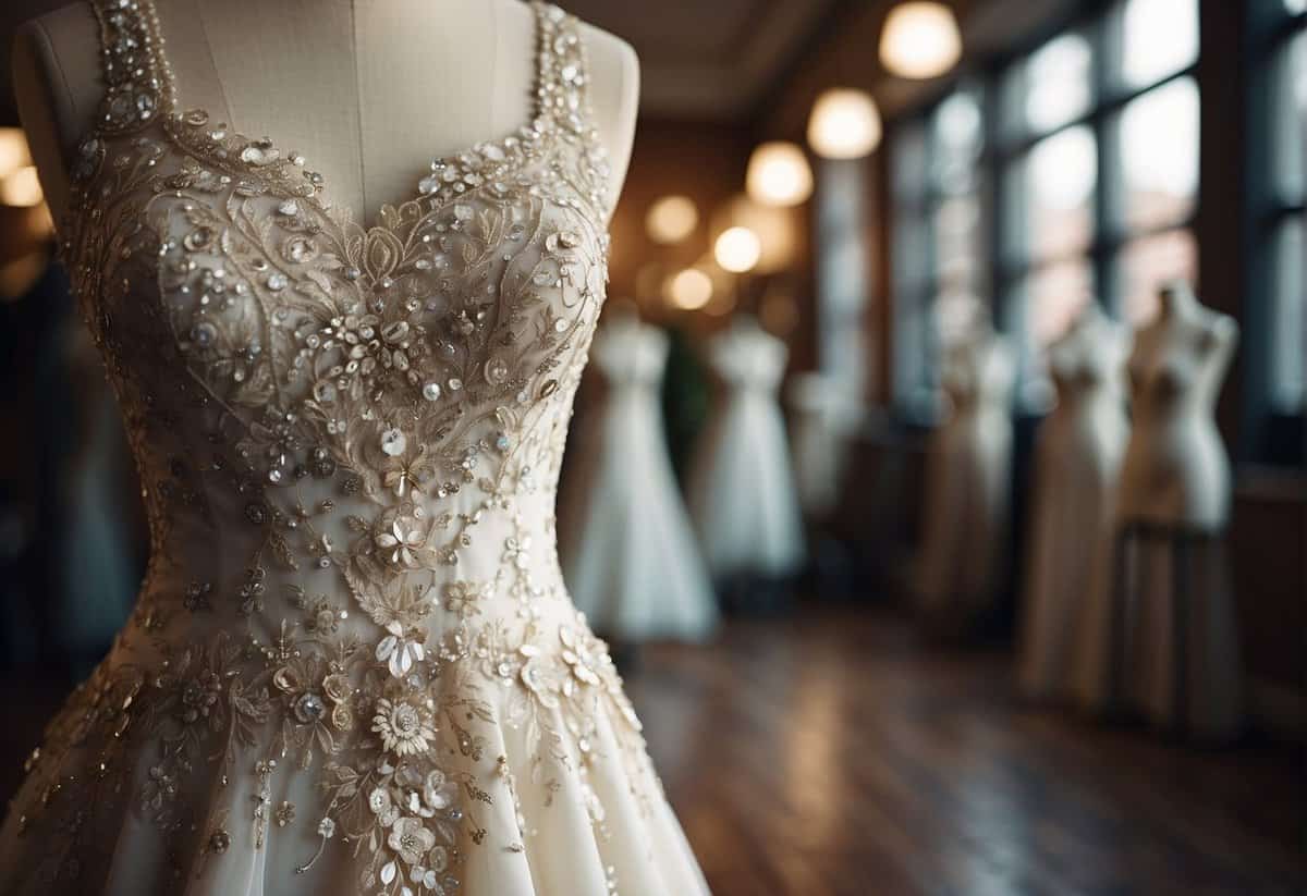 A wedding dress surrounded by delicate lace, shimmering beads, and intricate embroidery, displayed on a vintage mannequin