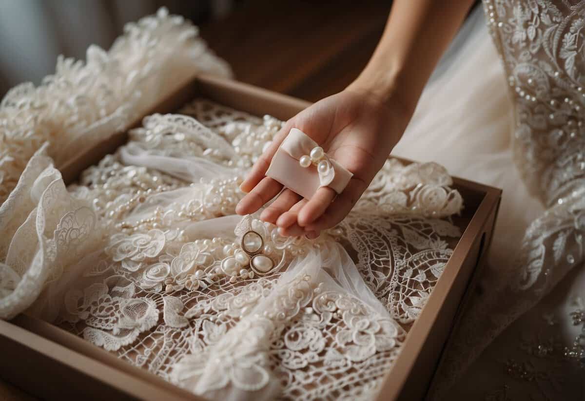 A bride carefully selects lace, pearls, and fabric swatches for her wedding dress keepsake box