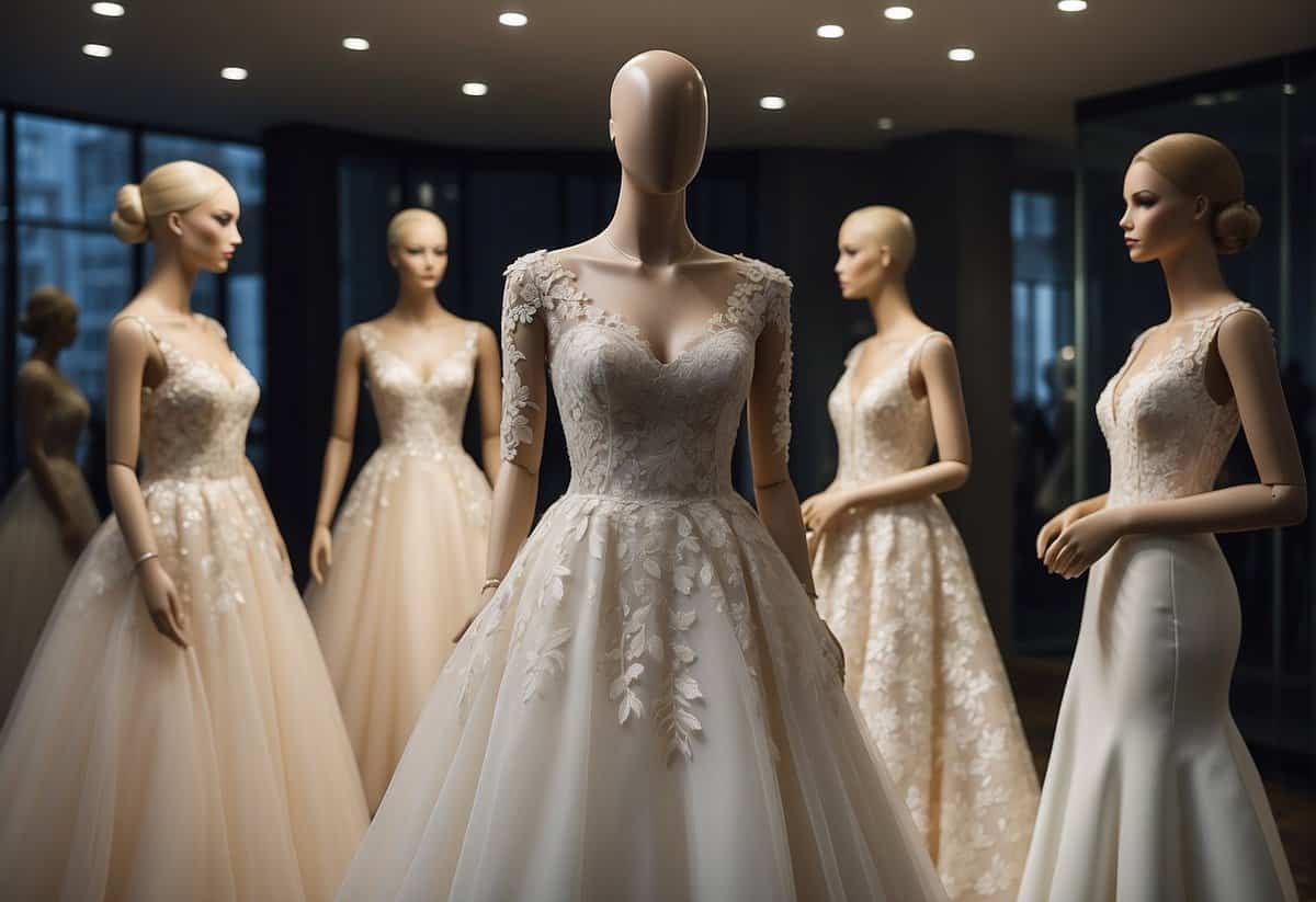 Elegant wedding dresses in lace and silk, reminiscent of Kate Middleton's iconic gown, displayed on mannequins in a luxurious bridal boutique