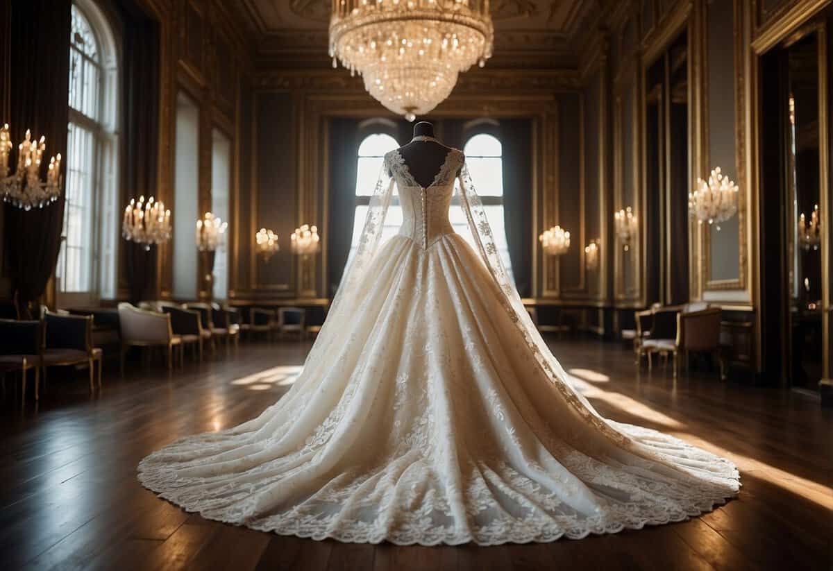 A grand ballroom filled with opulent wedding gowns, adorned with intricate lace, sparkling jewels, and delicate veils fit for royalty like Kate Middleton