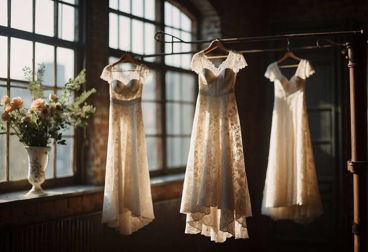 Vintage lace wedding gowns hung on a rusted iron rack, bathed in soft sunlight filtering through dusty windows, creating a nostalgic and romantic atmosphere