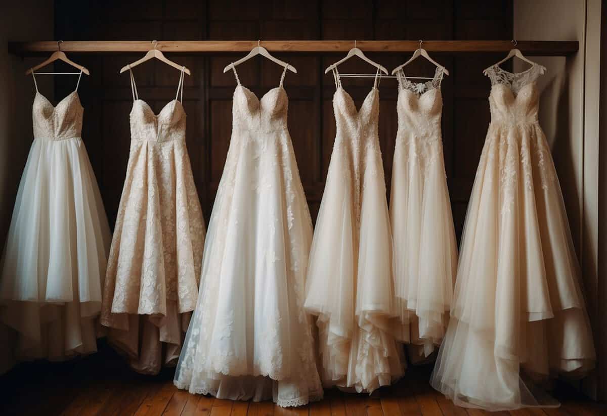 A rack of vintage wedding gowns displayed in a cozy, well-lit boutique with signs promoting rental and borrowing options
