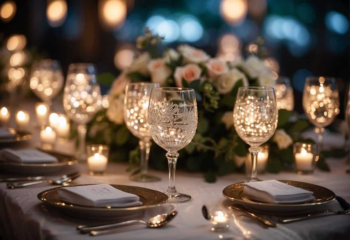 A table set with elegant wedding tumblers, adorned with floral designs and personalized names, surrounded by twinkling fairy lights