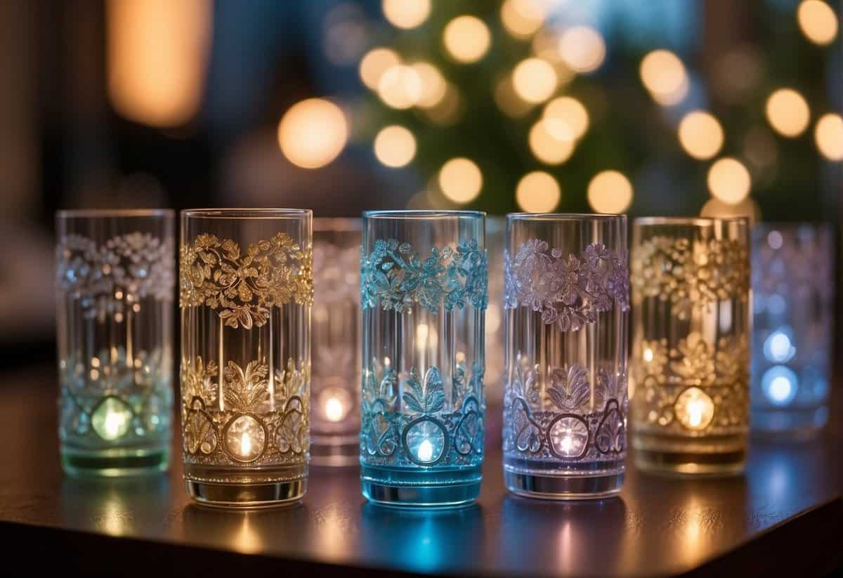 A table displaying various wedding-themed tumblers with intricate designs and personalized details. Bright lighting and a clean, modern backdrop enhance the elegant display