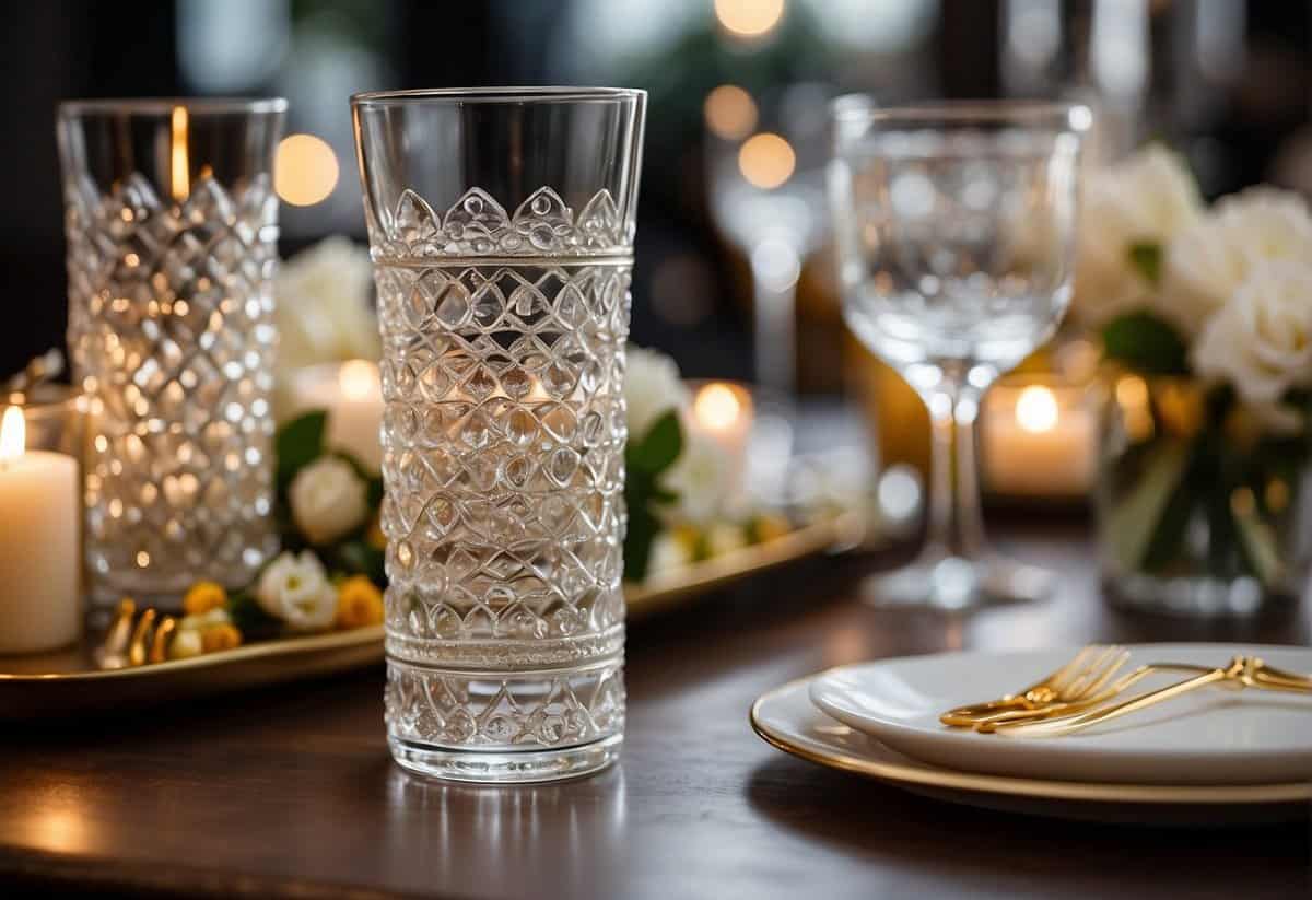 A table displaying various wedding tumbler designs with customizable options, surrounded by decorative elements and sample embellishments