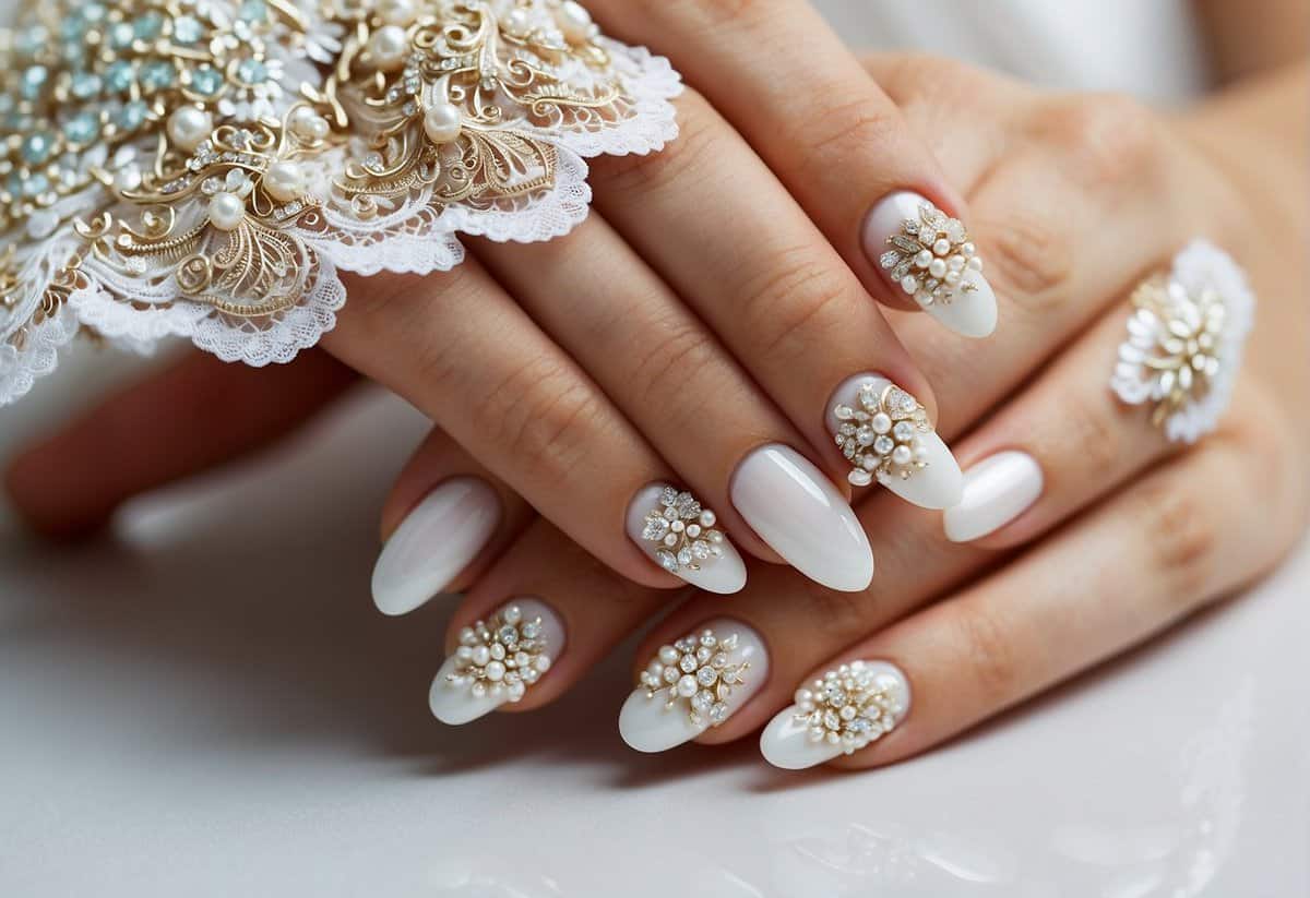 Delicate lace and floral designs adorn pristine white nails. Sparkling gems and pearls add elegance to the intricate artwork