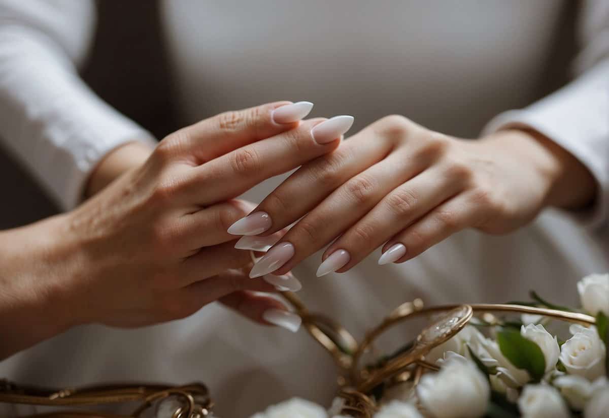 White wedding nails of various shapes and lengths displayed on a clean, neutral background with soft lighting