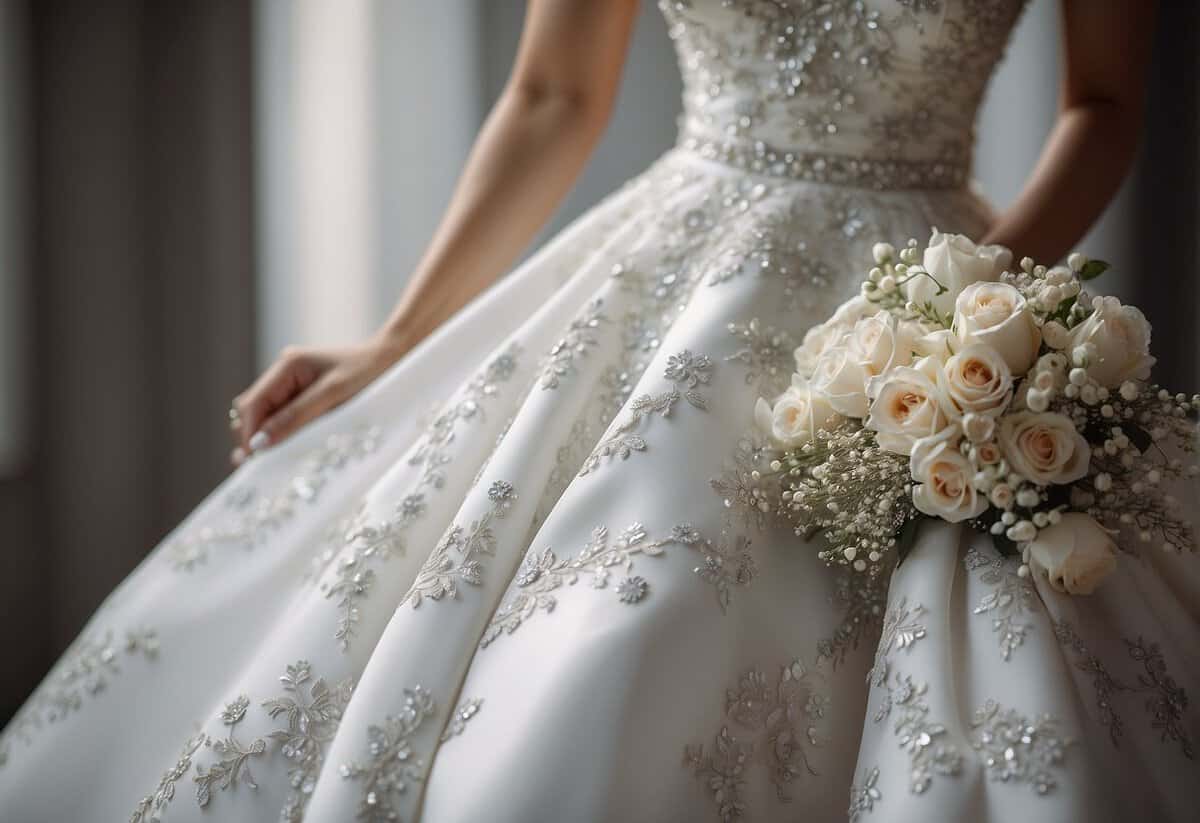 A white wedding dress with silver accessories, paired with elegant white nail polish adorned with delicate floral designs