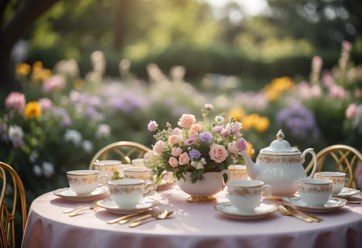 A garden adorned with pastel flowers, tables set with delicate tea cups and floral centerpieces, a soft spring breeze carrying the laughter of guests