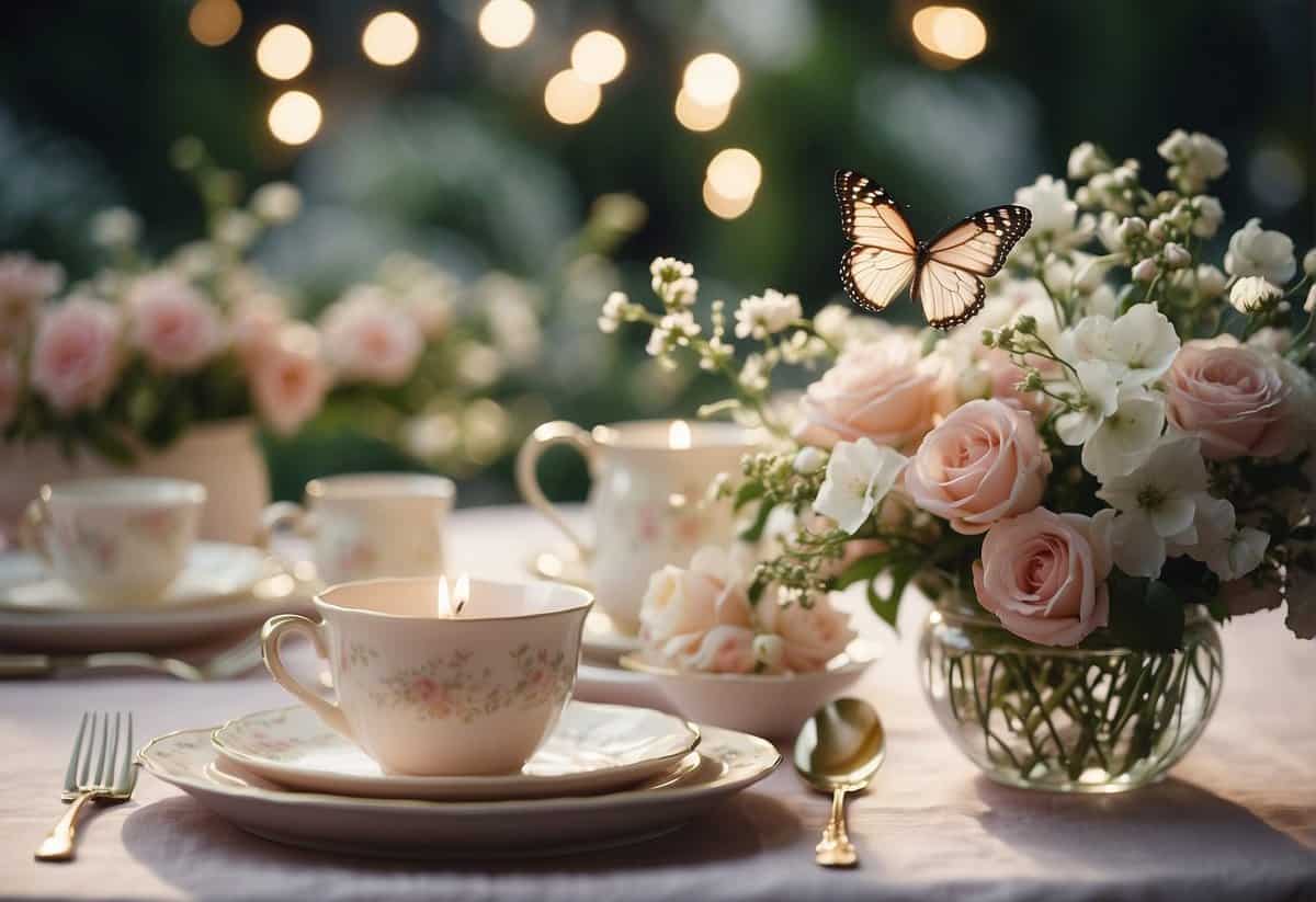 A garden adorned with blooming flowers, delicate fairy lights, and whimsical butterfly decorations. A table set with pastel-colored linens, vintage china, and fragrant floral centerpieces. A soft breeze carries the sweet scent of spring blossoms
