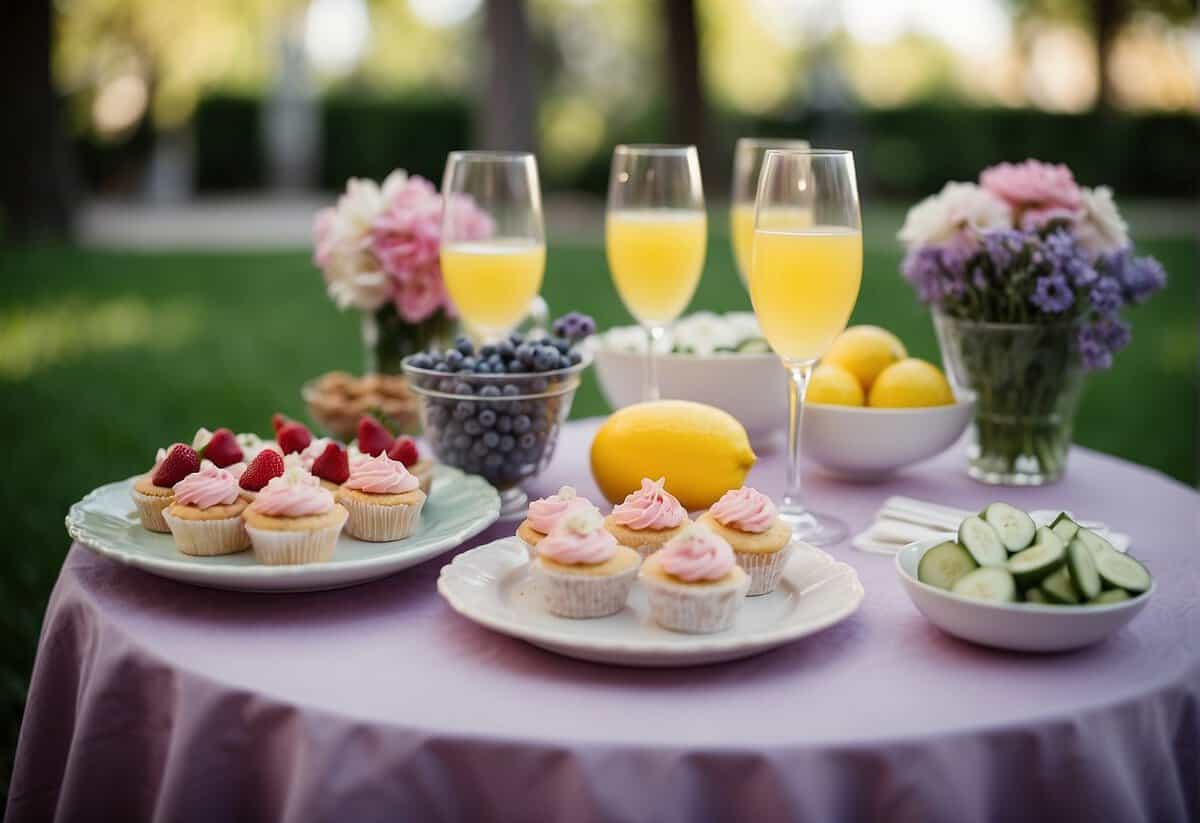 A table adorned with pastel-colored floral centerpieces, delicate china, and an array of delectable spring-themed treats, such as mini fruit tarts, cucumber sandwiches, and lavender-infused lemonade