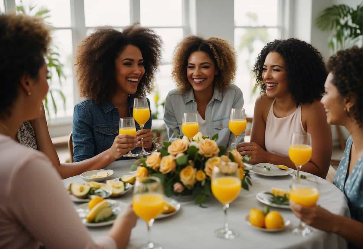 A group of women gather around a beautifully decorated table, sipping on mimosas and participating in fun bridal shower games. The room is filled with laughter and joy as they celebrate the upcoming nuptials