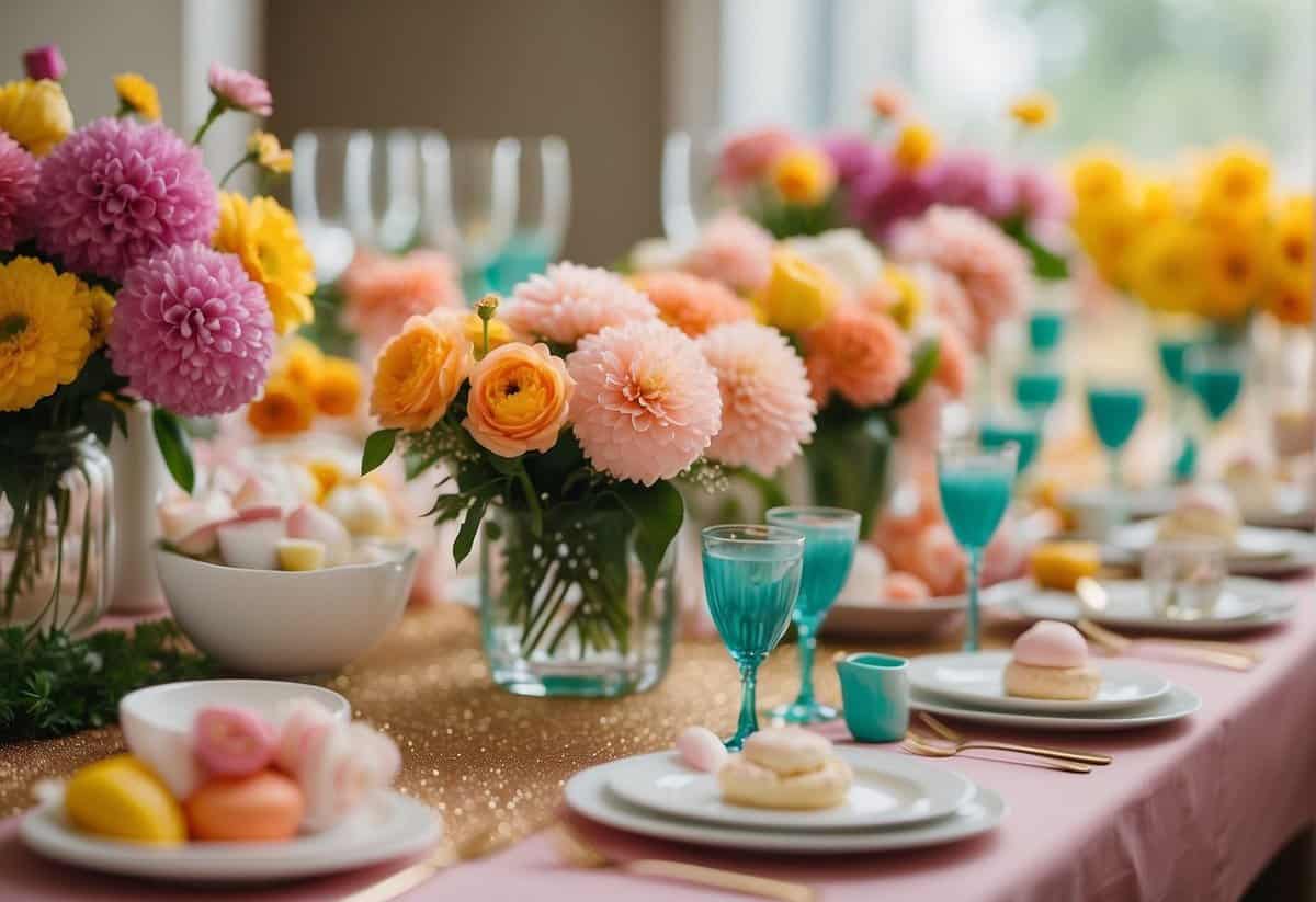 A table adorned with personalized touches and party favors for a spring wedding shower. Bright colors, floral accents, and delicate details create a festive and welcoming atmosphere