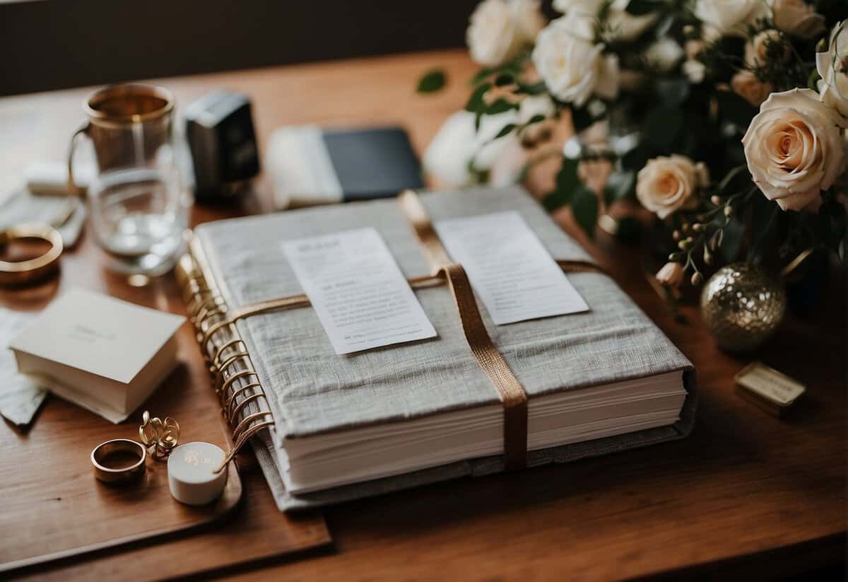 A wedding binder open on a table, filled with personal touches such as photos, fabric swatches, and handwritten notes