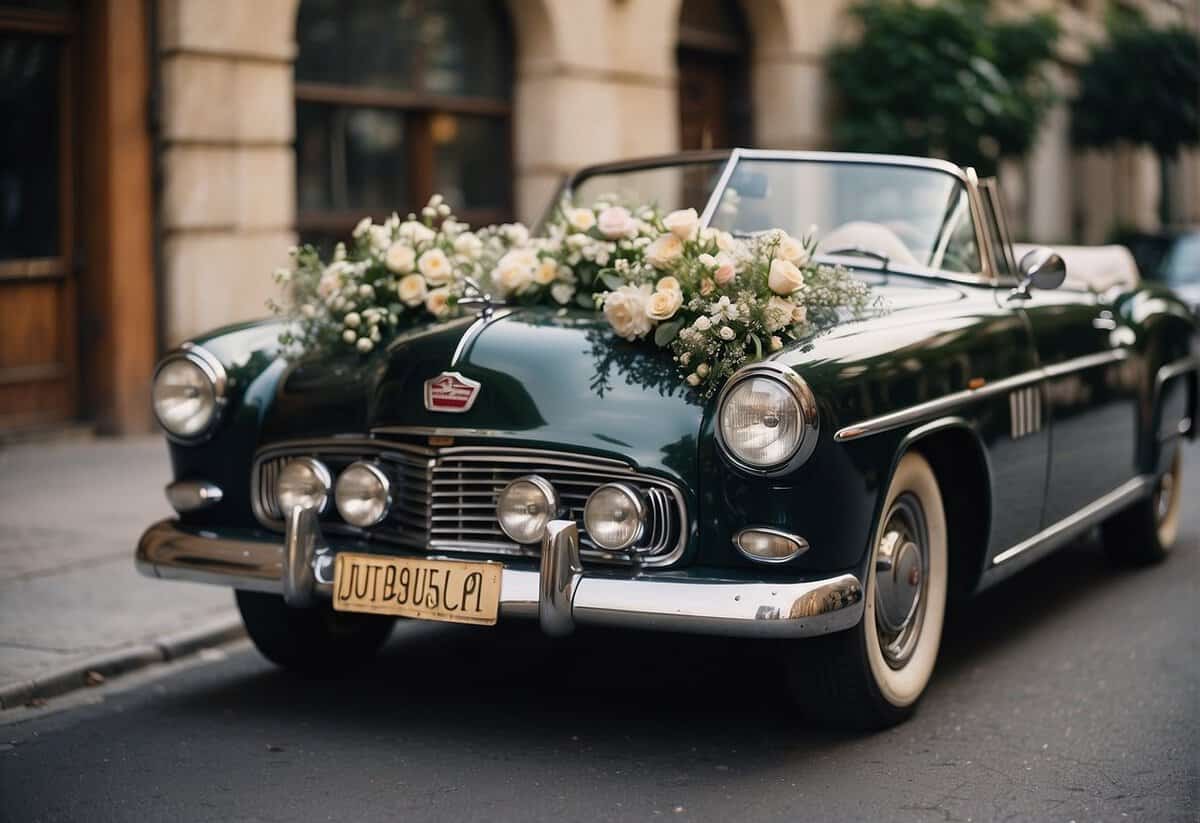 A vintage convertible adorned with flowers and trailing tin cans drives off from a wedding venue, with "Just Married" written on the rear window
