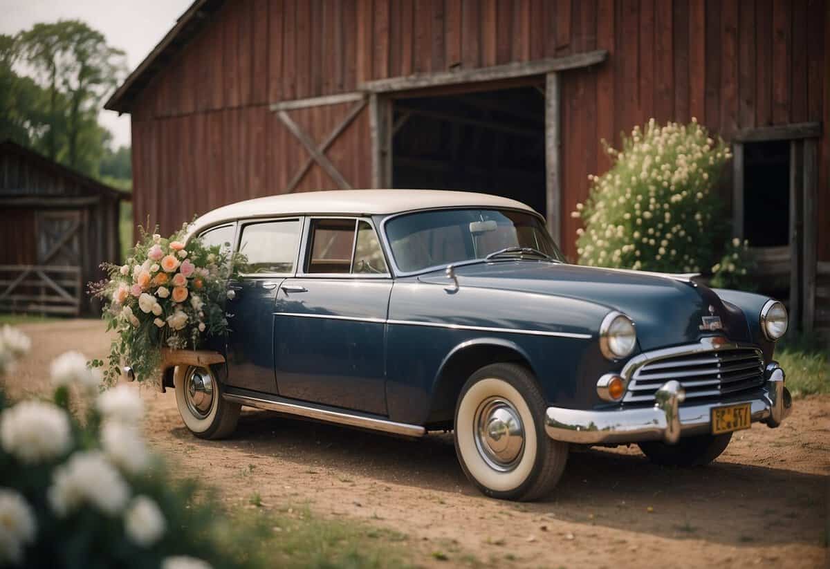 A vintage car parked outside a rustic barn, adorned with flowers and ribbons. A map and itinerary sit on the dashboard, ready for the couple's wedding getaway