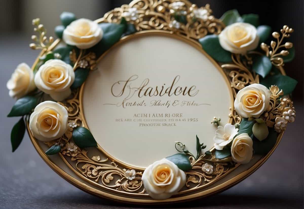 A beautifully decorated wedding plaque with elegant calligraphy and intricate floral designs