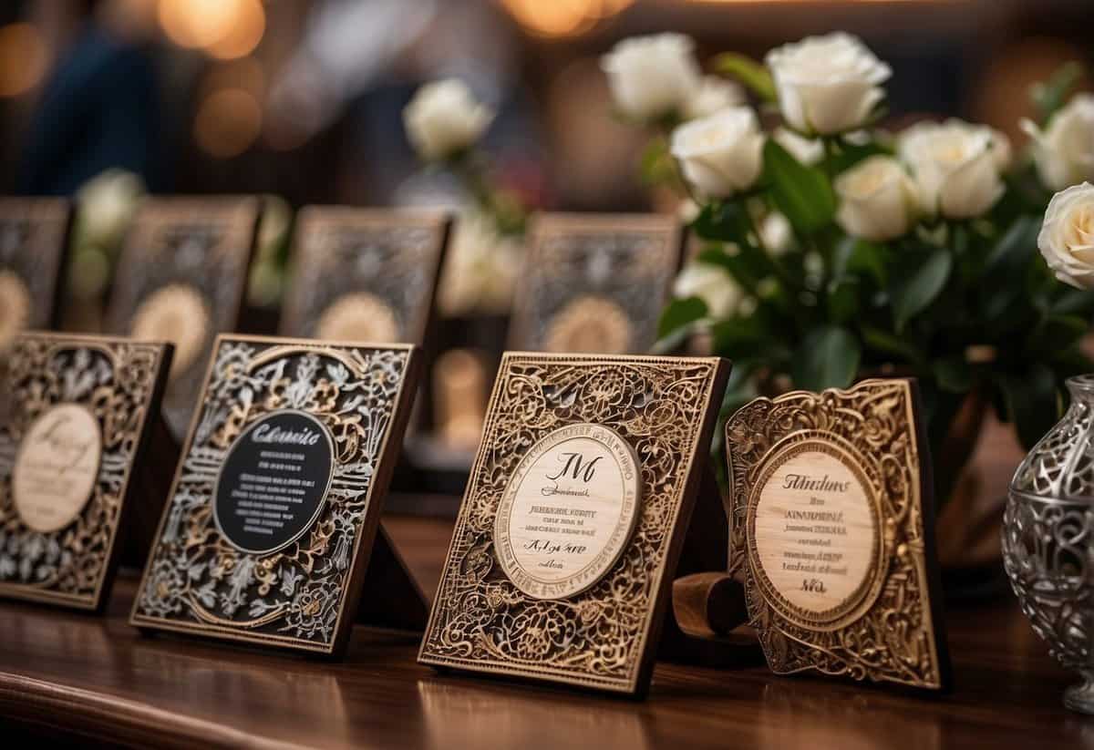 A table displays various wedding plaques: wooden, metal, and glass, with intricate designs and personalized engravings