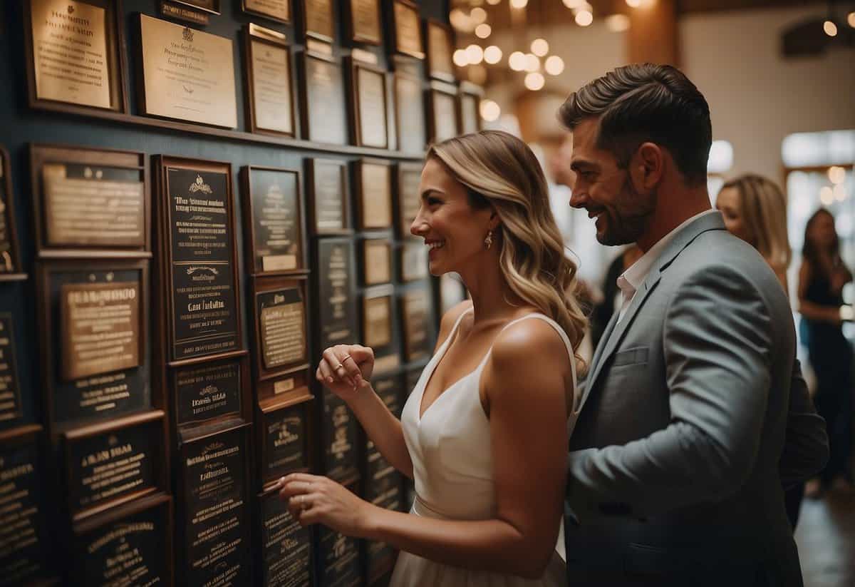 A couple browsing through a variety of wedding plaque designs in a beautifully decorated shop, surrounded by elegant and personalized options