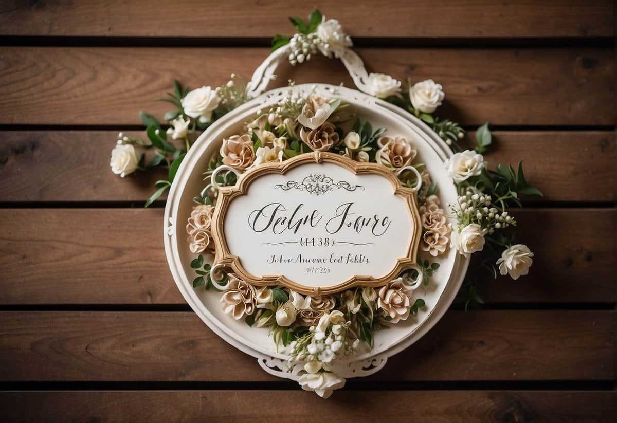 A wedding plaque hangs on a rustic wooden wall, adorned with delicate floral designs and the couple's names in elegant calligraphy
