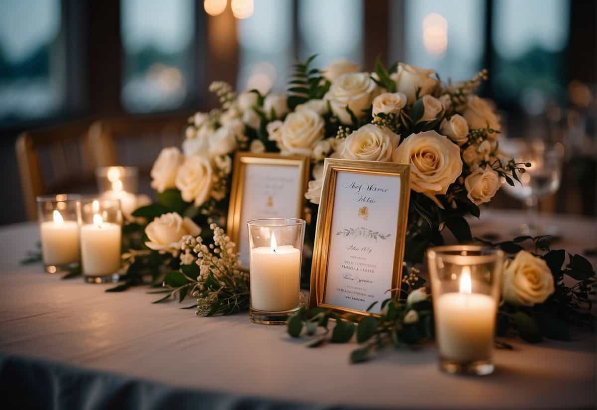 A table adorned with personalized wedding plaques, surrounded by elegant floral arrangements and soft candlelight