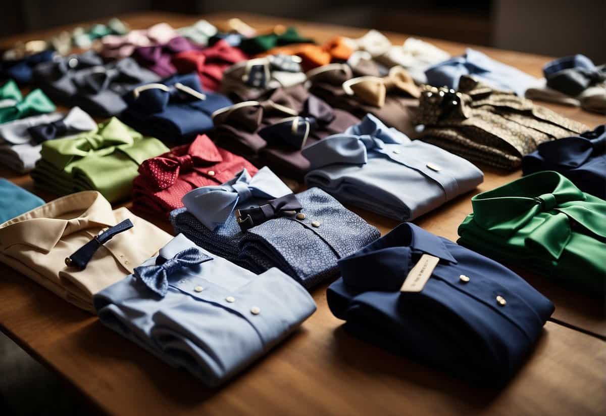 A table filled with various wedding party shirt designs and accessories, including bow ties, cufflinks, and pocket squares, ready for final touches