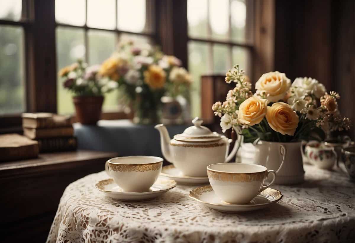 A table set with lace, teacups, and floral arrangements. Bunting and vintage signs adorn the space. A stack of old love letters and a polaroid camera sit on a side table