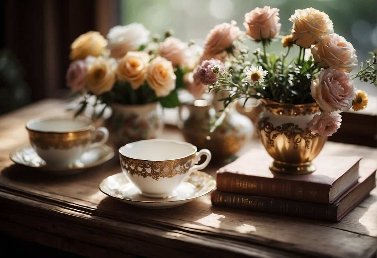 A table adorned with vintage teacups, lace doilies, and floral arrangements. A stack of antique books and a collection of old-fashioned trinkets