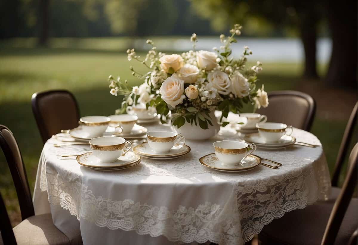 A table set with vintage teacups, lace tablecloth, and floral centerpieces. A string of pearls draped over a chair, with a vintage wedding dress on display