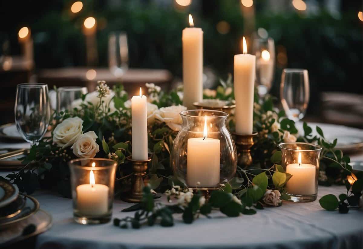 A table adorned with various candles in elegant holders, surrounded by flowers and greenery, creating a romantic and intimate atmosphere