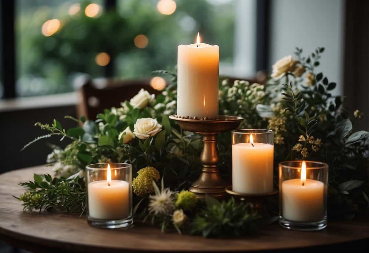 Candles surrounded by greenery, flowers, and natural elements for wedding decor
