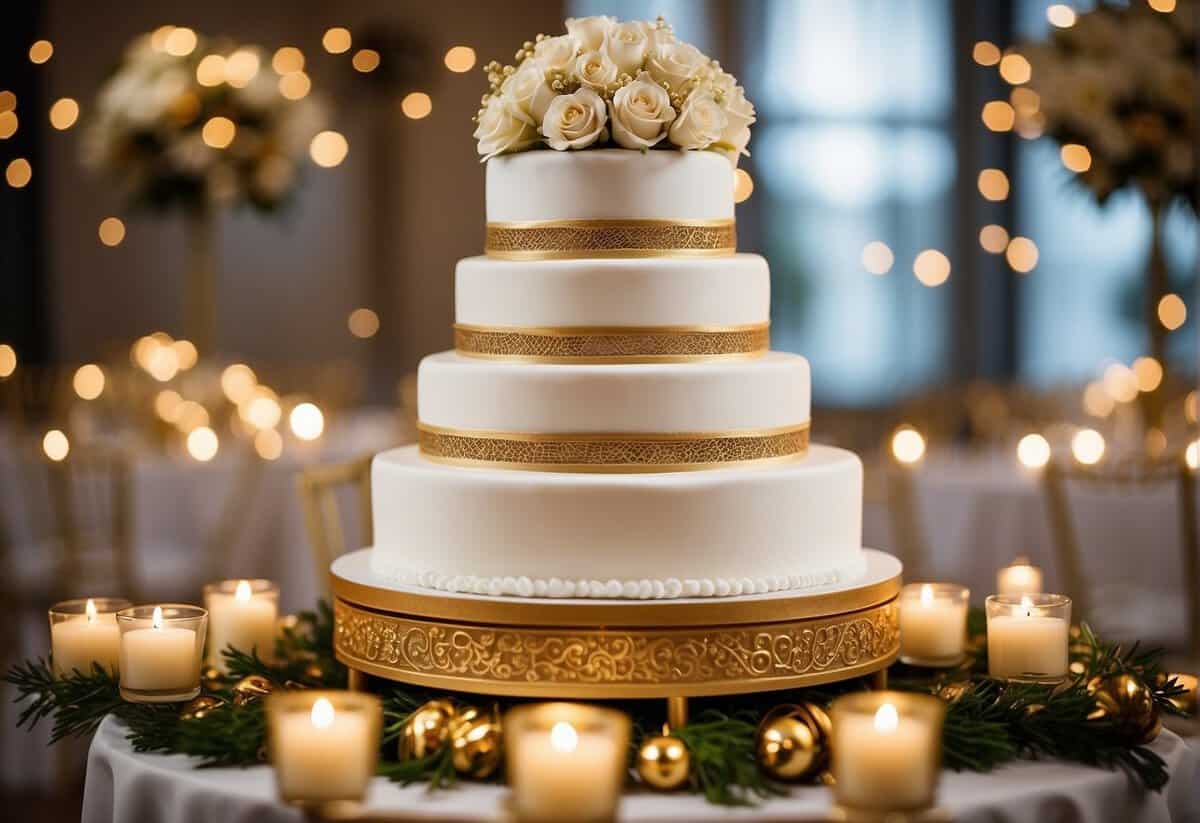 A three-tiered white wedding cake adorned with gold accents and a "60th Anniversary" cake topper, surrounded by floral decorations and golden candle holders