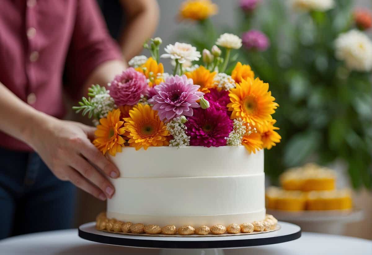 A couple selects vibrant flowers for their 60th anniversary cake