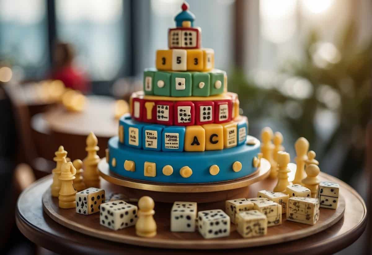 A three-tiered cake adorned with edible replicas of classic board games and activities, such as chess pieces, playing cards, and crossword puzzles