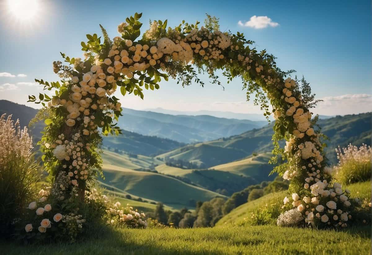A circle arch adorned with flowers and greenery, set against a backdrop of rolling hills and a bright blue sky