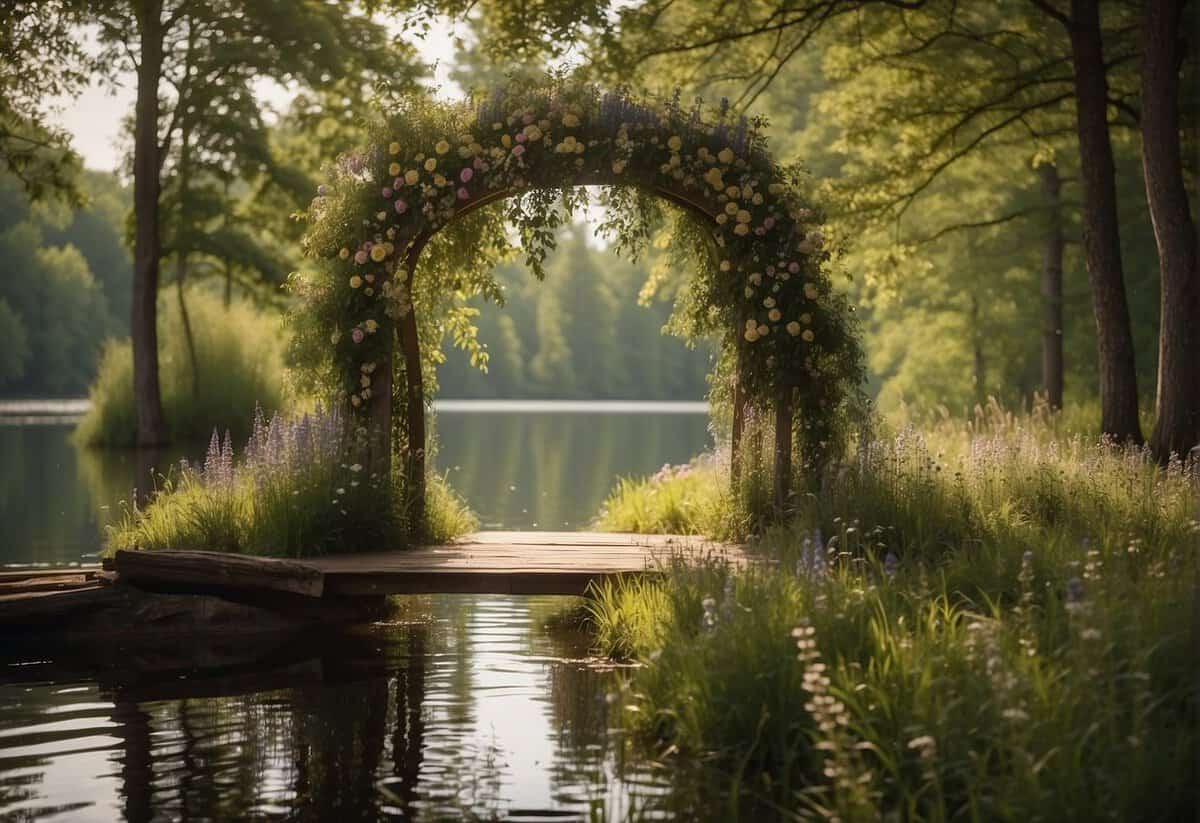 A rustic wooden arch adorned with wildflowers and greenery stands against a backdrop of towering trees and a serene lake in the great outdoors