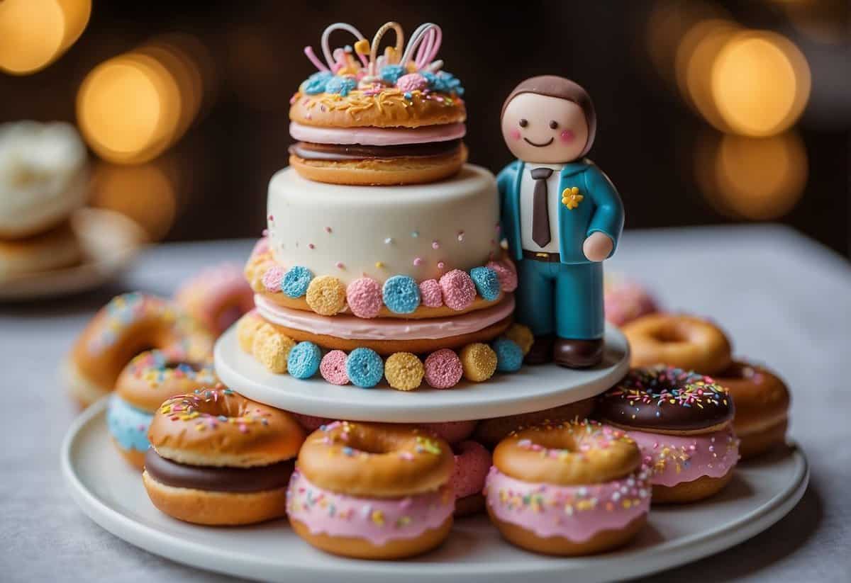 A towering wedding cake made entirely of donuts, stacked in layers with colorful frosting and sprinkles, topped with a miniature bride and groom donut figurine