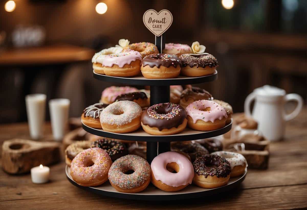 A tiered display of assorted donuts, adorned with flowers and ribbons, sits on a rustic wooden table. A sign reads "Choosing the Right Donut Wedding Cake."